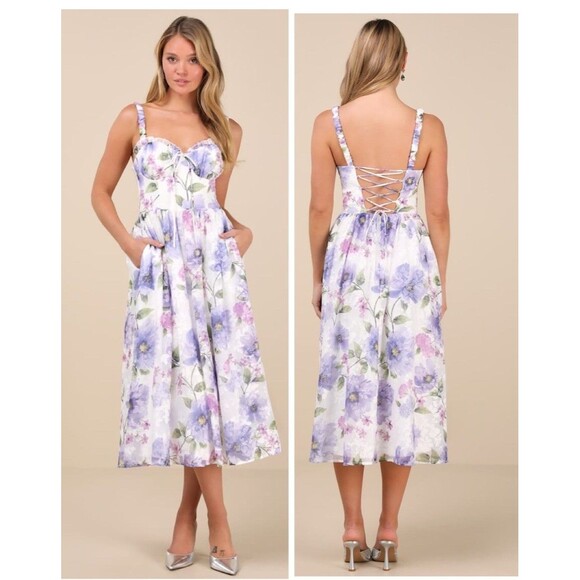 Lulus Hillela Ivory Floral Ruffled Lace-Up Midi Skater Dress Medium Whimsical - Picture 1 of 10